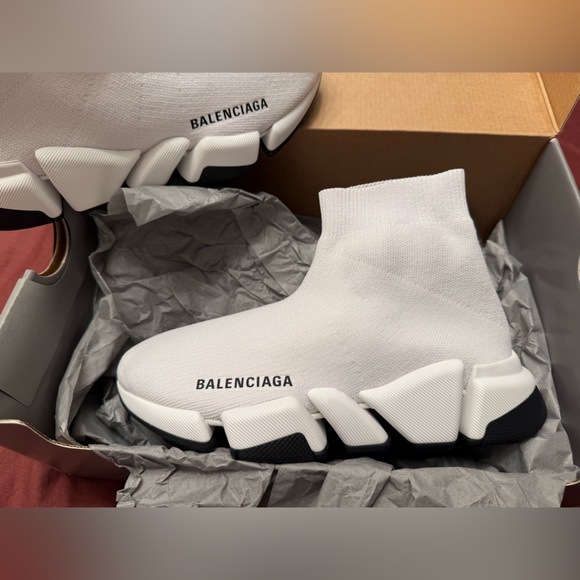Balenciaga Shoes - Balenciaga White Knit Sock Sneakers with Black Sole Accents